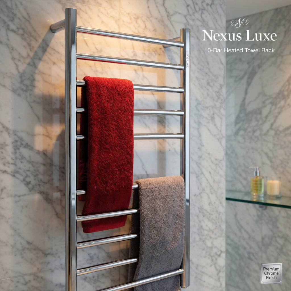 Nexus Luxe 10-Bar Heated Towel Rack | Electric Towel Warmer | Wall Mounted | Polished Stainless Steel